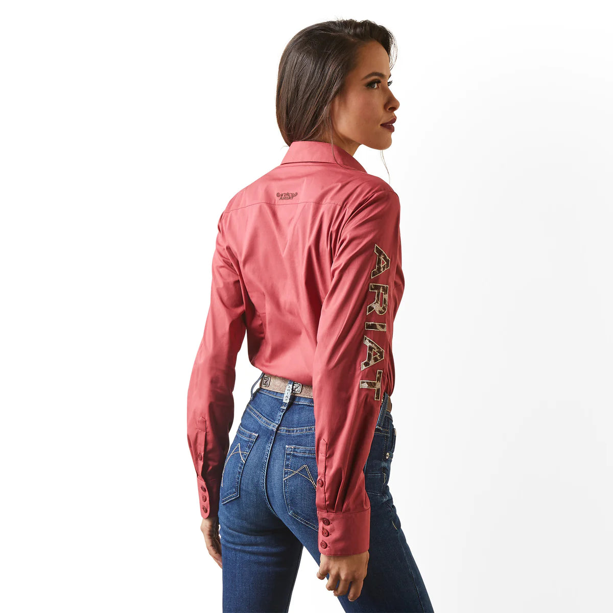 Ariat Wms Real Team Kirby Stretch LS Shirt Earth Red/Pony Embroidery