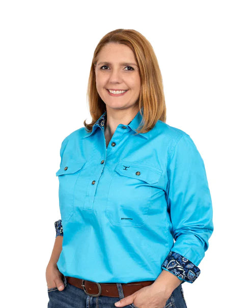Womens Jahna Trim Half Button Solid Workshirt Sky/ Navy Paisley