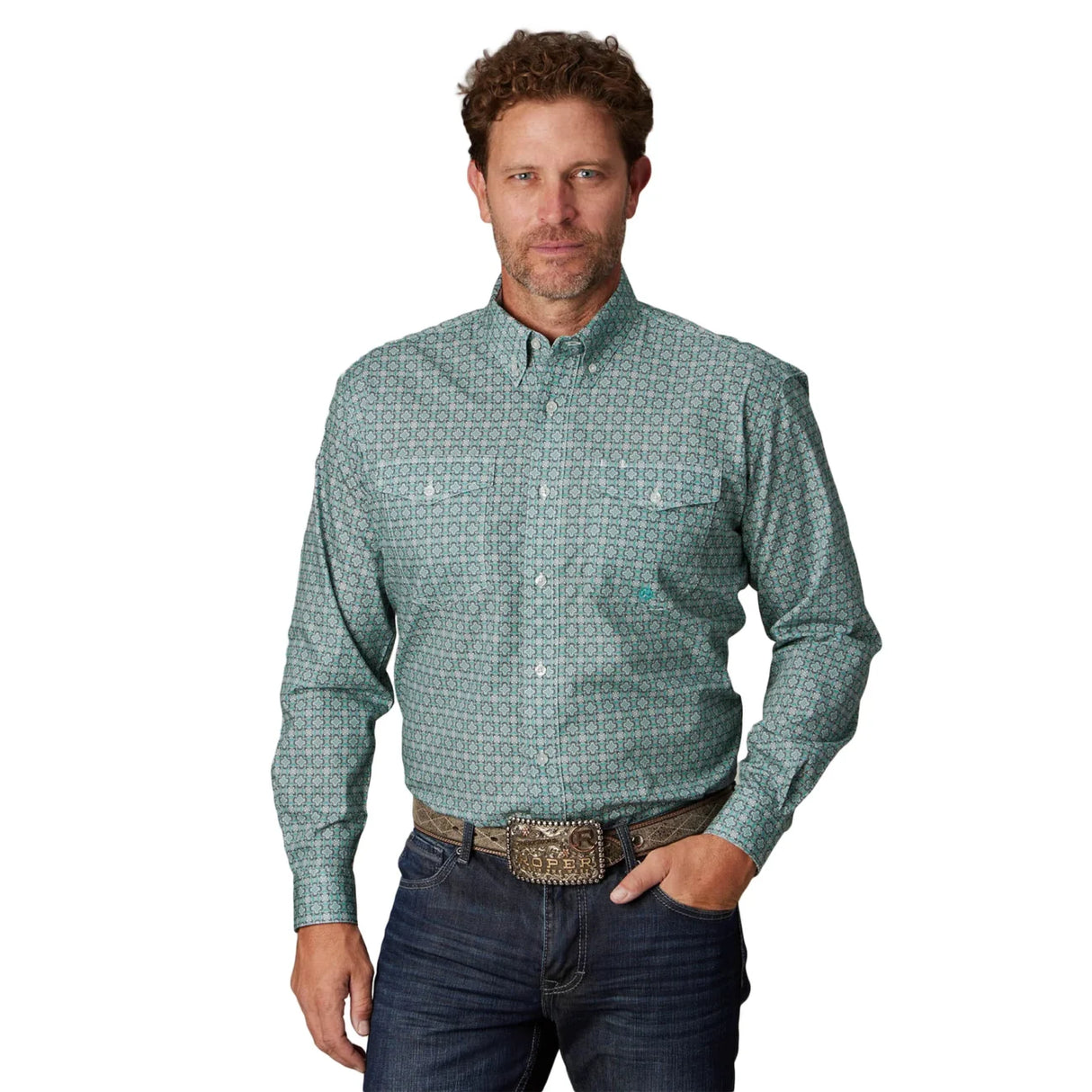 Roper Mens Amarillo Collection LS Shirt 'Green'