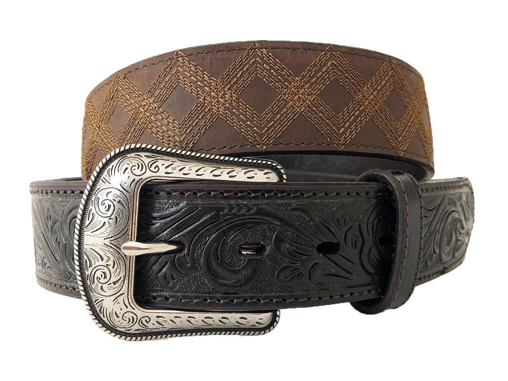 Roper Mens Belt -1.1/2" Wide Genuine Leather Diamond Stitched