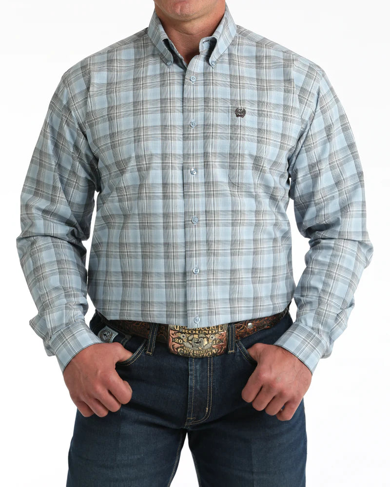 Cinch Mens LS Shirt Light Blue Check