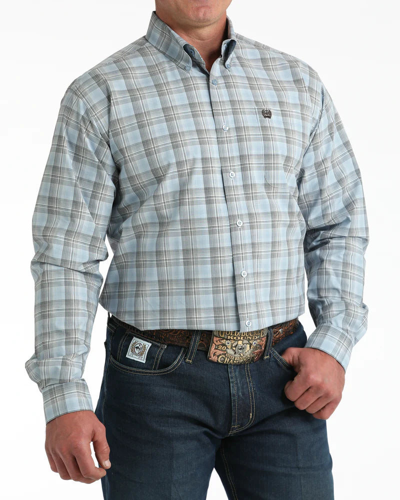 Cinch Mens LS Shirt Light Blue Check