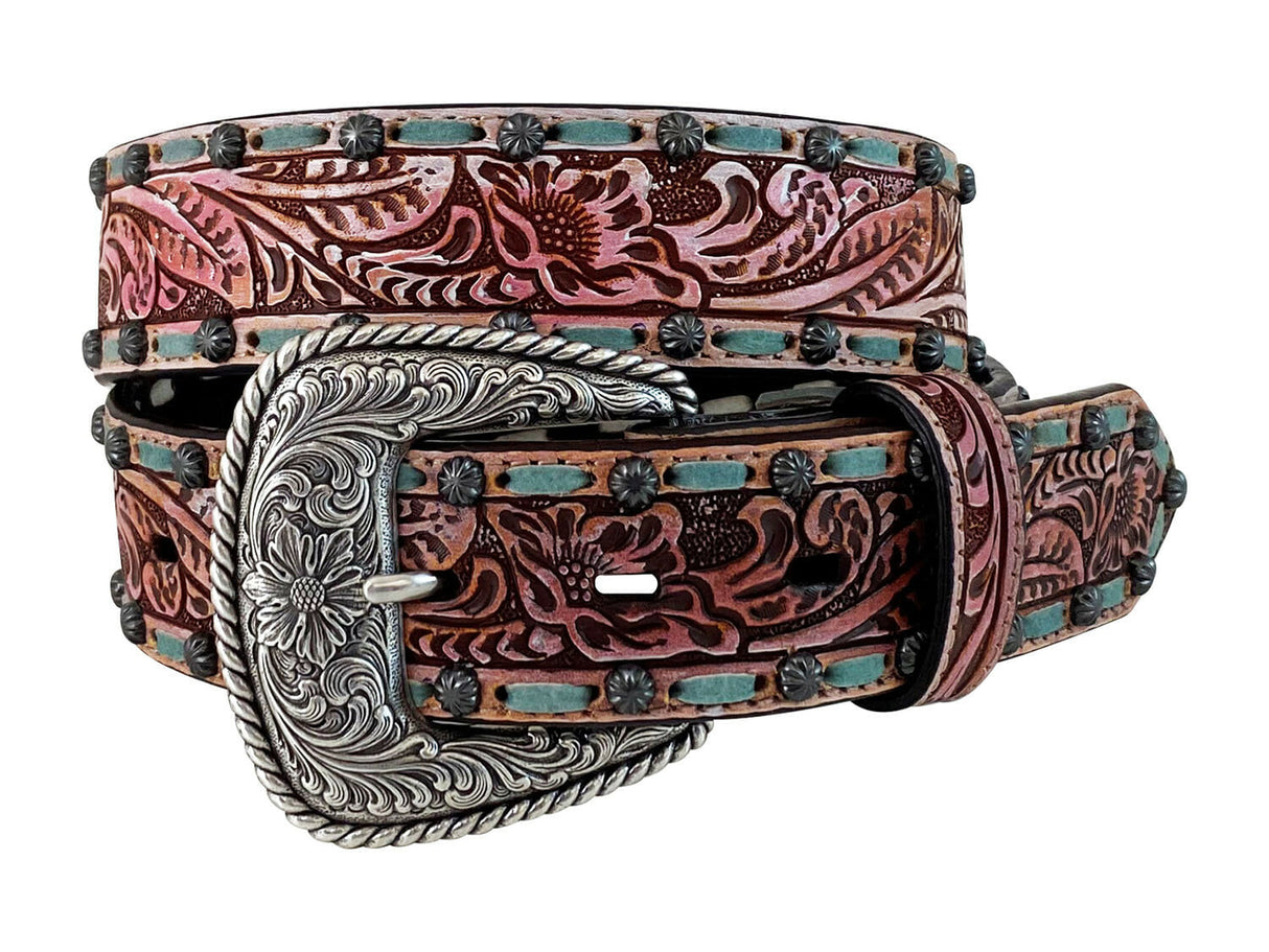 Roper Womens Belt -1.1/2" Tooled Leather Floral Painted Reddish Brown
