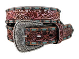 Roper Womens Belt -1.1/2" Tooled Leather Floral Painted Reddish Brown
