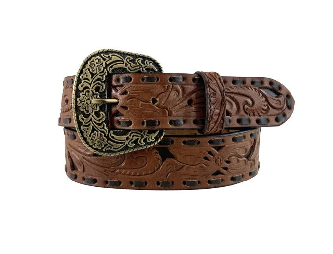 Roper Womens Belt -1.1/2" Genuine Leather Floral Embossed With Lacing Tan