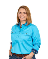 Womens Jahna Trim Half Button Solid Workshirt Sky/ Navy Paisley
