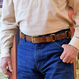 Stockmans Hobble Style Belt Solid Leather Brass Roller Buckle and 2 Rings