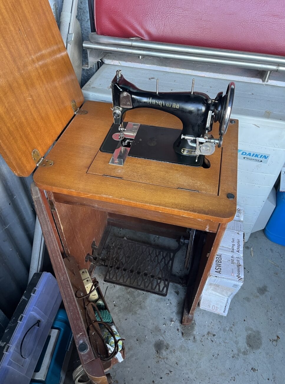 Antique Wooden Cabinet with Antique Husqvarna Manual Pedal Sewing Machine